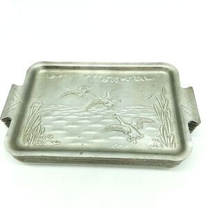 Set of 12 VTG Rectangle Snack Trays Wildlife Scene Ducks Hammered Aluminum Japan
